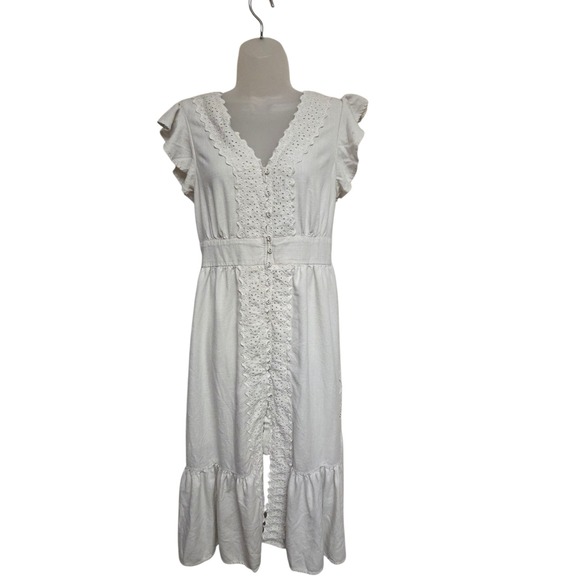 lovestitch Dresses & Skirts - Lovestitch Women's White Eyelet Midi Dress Ruffle Sleeves‎ Button Front Size L